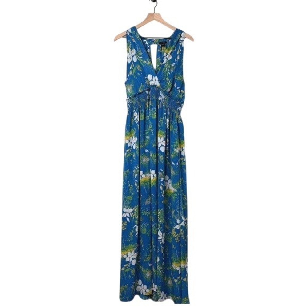 Halogen Floral Maxi Dress Blue Sleeveless Smocked Waist‎ Boho Flowy Long Dress L